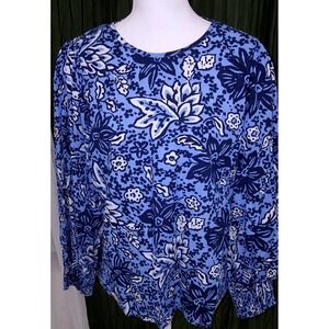 Sail to Sable Blue Floral Cotton Blouse Smocked Cuff Long Sleeve Top Large STS